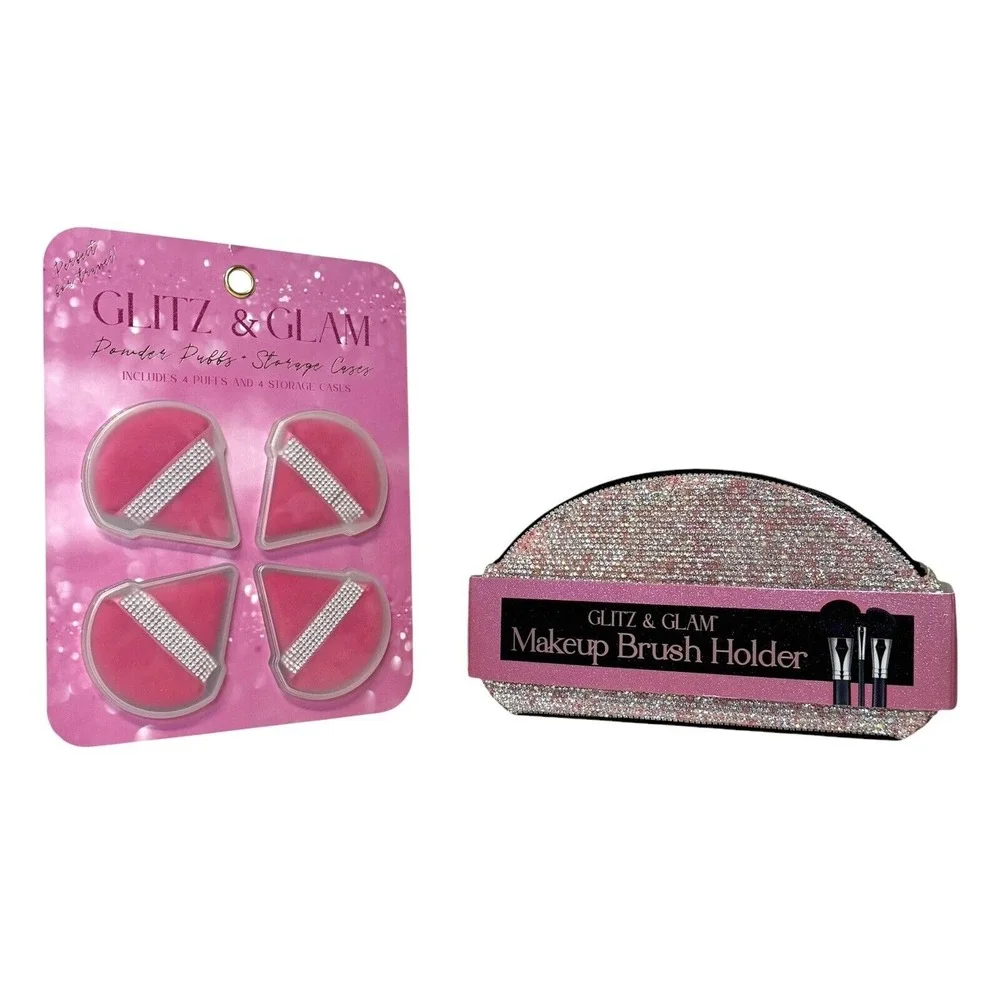 Glitz & Glam Pink Rhinestone Makeup Brush Holder Powder Spinge W/Case 2pc Bundle